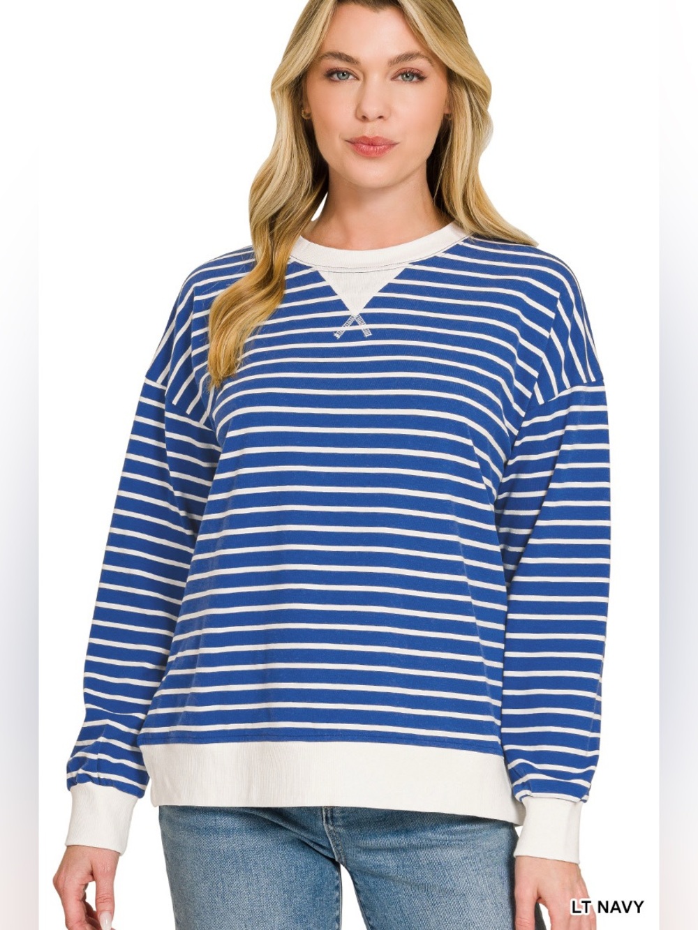 Zenana Lt Navy Striped Rib Banded Pullover